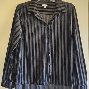 Cato Black Sheer Velvet Striped Button-Up Blouse